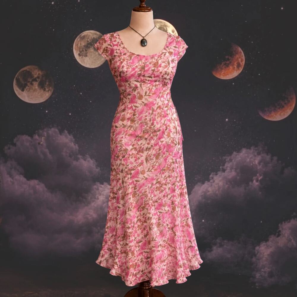 Vintage Silk Floral Bias Cut Midi Dress Pink Brown Romantic Whimsigoth